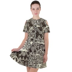 Four-hand-drawn-city-patterns Short Sleeve Shoulder Cut Out Dress  by uniart180623