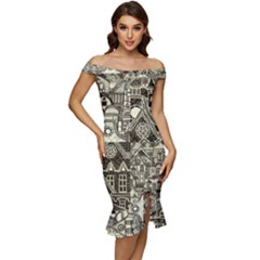 Four-hand-drawn-city-patterns Off Shoulder Ruffle Split Hem Bodycon Dress by uniart180623