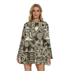 Four-hand-drawn-city-patterns Round Neck Long Sleeve Bohemian Style Chiffon Mini Dress by uniart180623