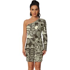 Four-hand-drawn-city-patterns Long Sleeve One Shoulder Mini Dress by uniart180623