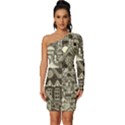 Four-hand-drawn-city-patterns Long Sleeve One Shoulder Mini Dress View1