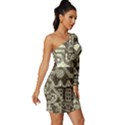 Four-hand-drawn-city-patterns Long Sleeve One Shoulder Mini Dress View3