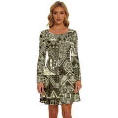 Four-hand-drawn-city-patterns Long Sleeve Wide Neck Velvet Dress