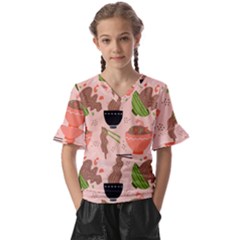 Japanese Street Food  Soba Noodle In Bowls Kids  V-neck Horn Sleeve Blouse by uniart180623