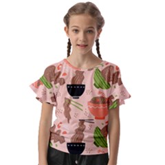 Japanese Street Food  Soba Noodle In Bowls Kids  Cut Out Flutter Sleeves by uniart180623