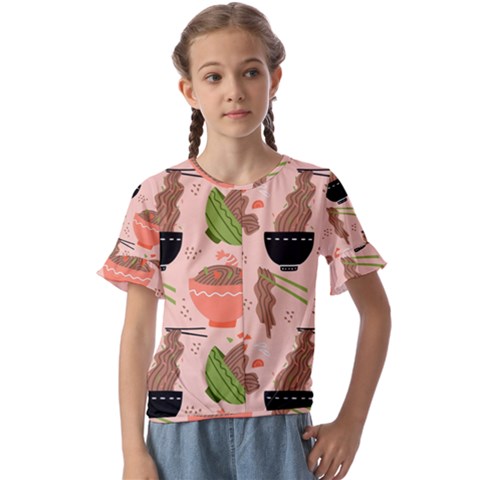 Japanese Street Food  Soba Noodle In Bowls Kids  Cuff Sleeve Scrunch Bottom Tee by uniart180623