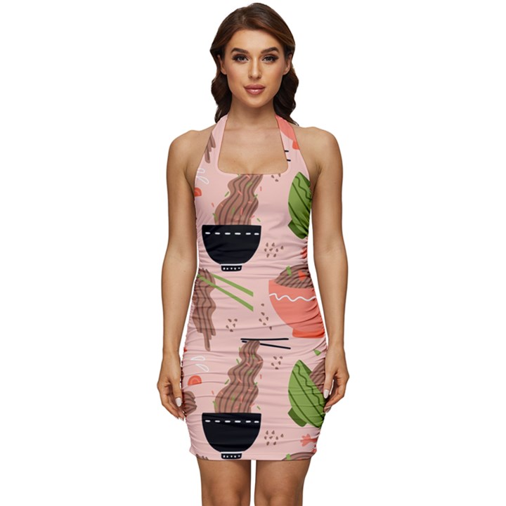 Japanese Street Food  Soba Noodle In Bowls Sleeveless Wide Square Neckline Ruched Bodycon Dress