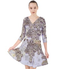 3d Typography World Map Quarter Sleeve Front Wrap Dress by uniart180623