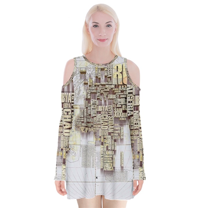 3d Typography World Map Velvet Long Sleeve Shoulder Cutout Dress