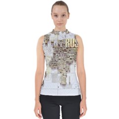 3d Typography World Map Mock Neck Shell Top