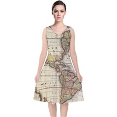 Vintage World Map Old  Globe Antique America V-neck Midi Sleeveless Dress  by uniart180623