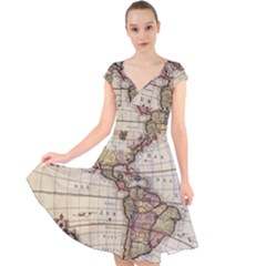 Vintage World Map Old  Globe Antique America Cap Sleeve Front Wrap Midi Dress by uniart180623