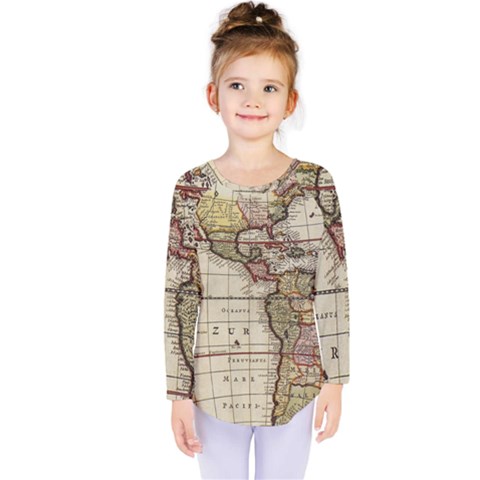 Vintage World Map Old  Globe Antique America Kids  Long Sleeve Tee by uniart180623