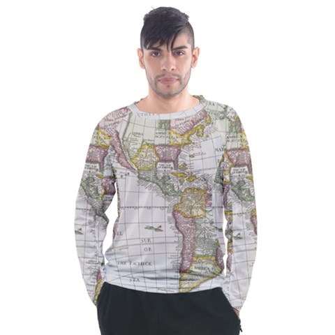 Vintage Map Of The Americas Men s Long Sleeve Raglan Tee by uniart180623