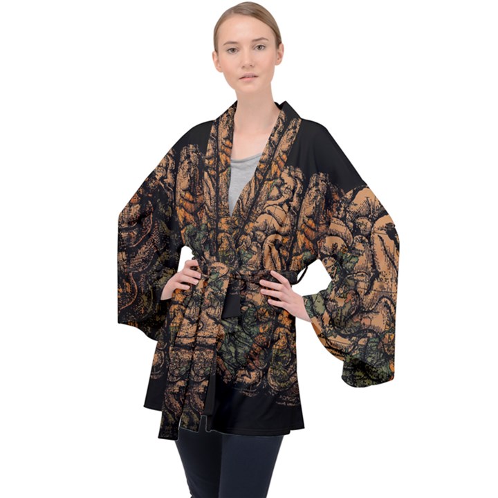 Always On My Mind Brain Map Vintage Long Sleeve Velvet Kimono 