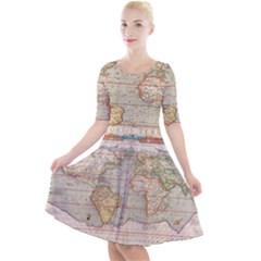 Old World Map Of Continents The Earth Vintage Retro Quarter Sleeve A-line Dress by uniart180623