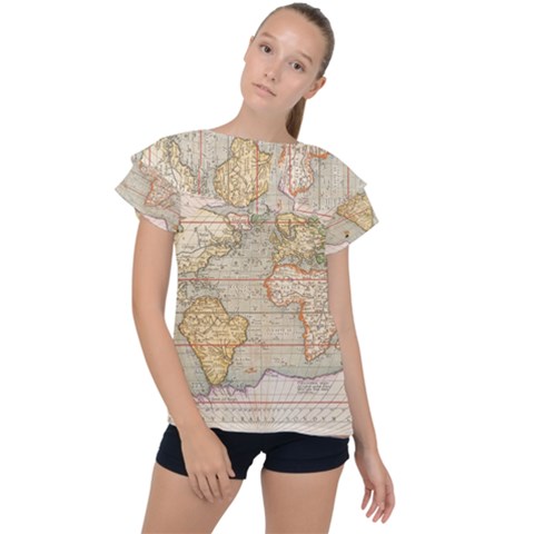 Old World Map Of Continents The Earth Vintage Retro Ruffle Collar Chiffon Blouse by uniart180623