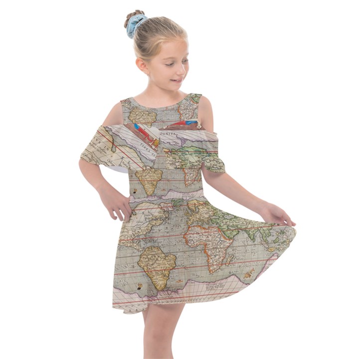 Old World Map Of Continents The Earth Vintage Retro Kids  Shoulder Cutout Chiffon Dress