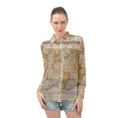 Old World Map Of Continents The Earth Vintage Retro Long Sleeve Chiffon Shirt