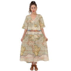 Old World Map Of Continents The Earth Vintage Retro Kimono Sleeve Boho Dress by uniart180623