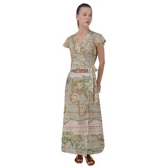 Old World Map Of Continents The Earth Vintage Retro Flutter Sleeve Maxi Dress