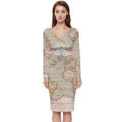 Old World Map Of Continents The Earth Vintage Retro Long Sleeve V-neck Bodycon Dress  by uniart180623