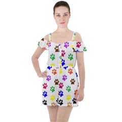 Pawprints-paw-prints-paw-animal Ruffle Cut Out Chiffon Playsuit by uniart180623