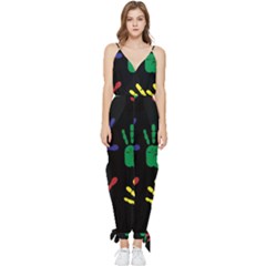 Handprints-hand-print-colourful Sleeveless Tie Ankle Chiffon Jumpsuit by uniart180623