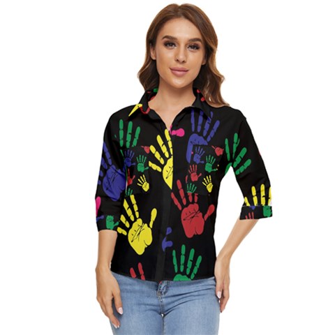 Handprints-hand-print-colourful Women s Quarter Sleeve Pocket Shirt by uniart180623