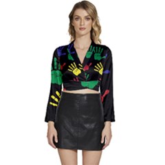 Handprints-hand-print-colourful Long Sleeve Tie Back Satin Wrap Top by uniart180623