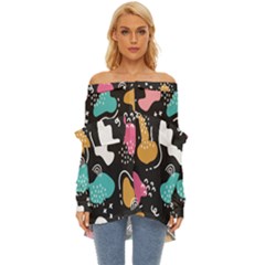 Art Pattern Design Background Print Off Shoulder Chiffon Pocket Shirt