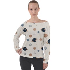 Space Planets Art Pattern Design Wallpaper Off Shoulder Long Sleeve Velour Top by uniart180623