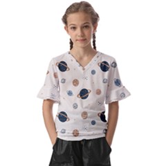 Space Planets Art Pattern Design Wallpaper Kids  V-neck Horn Sleeve Blouse by uniart180623