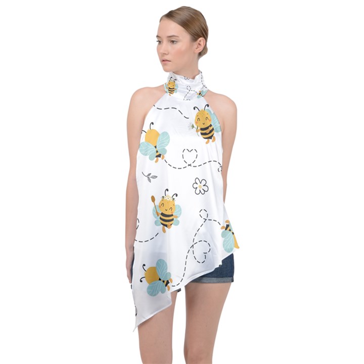 Bee Art Pattern Design Wallpaper Background Print Halter Asymmetric Satin Top