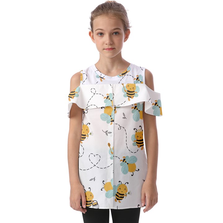 Bee Art Pattern Design Wallpaper Background Print Fold Over Open Sleeve Top