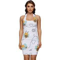 Bee Art Pattern Design Wallpaper Background Print Sleeveless Wide Square Neckline Ruched Bodycon Dress by uniart180623