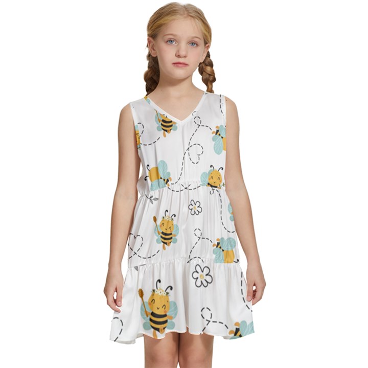 Bee Art Pattern Design Wallpaper Background Print Kids  Sleeveless Tiered Mini Dress