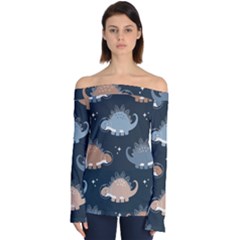 Dino Art Pattern Design Wallpaper Background Off Shoulder Long Sleeve Top by uniart180623