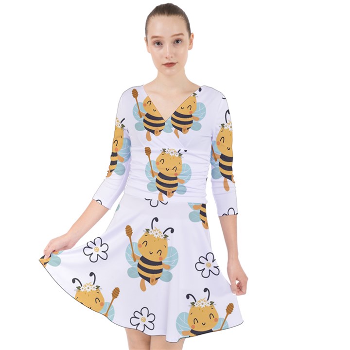 Art Bee Pattern Design Wallpaper Background Quarter Sleeve Front Wrap Dress