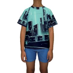 Buildings City Urban Destruction Background Kids  Short Sleeve Swimwear by uniart180623