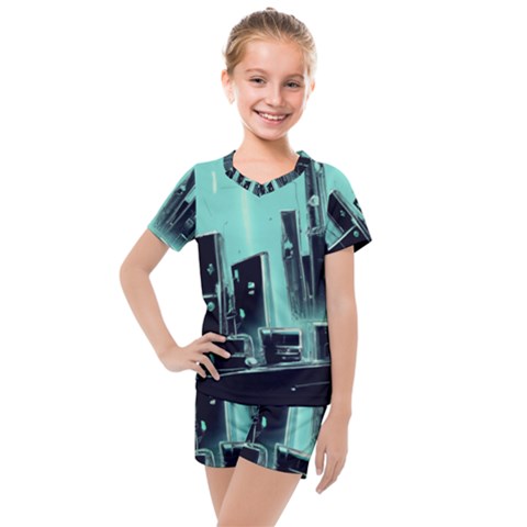 Buildings City Urban Destruction Background Kids  Mesh Tee And Shorts Set by uniart180623