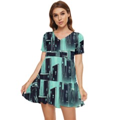 Buildings City Urban Destruction Background Tiered Short Sleeve Babydoll Dress