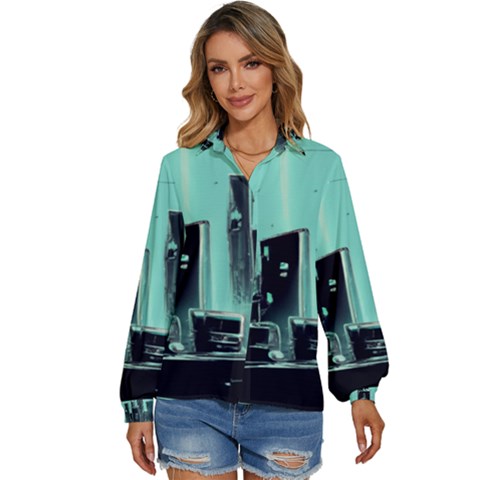 Buildings City Urban Destruction Background Women s Long Sleeve Button Up Shirt by uniart180623