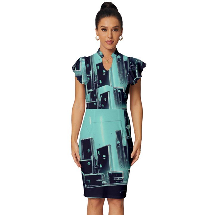 Buildings City Urban Destruction Background Vintage Frill Sleeve V-Neck Bodycon Dress