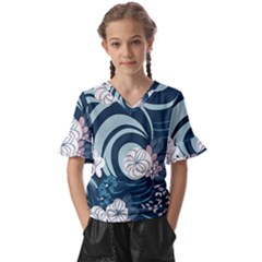 Flowers Pattern Floral Ocean Abstract Digital Art Kids  V-neck Horn Sleeve Blouse by uniart180623