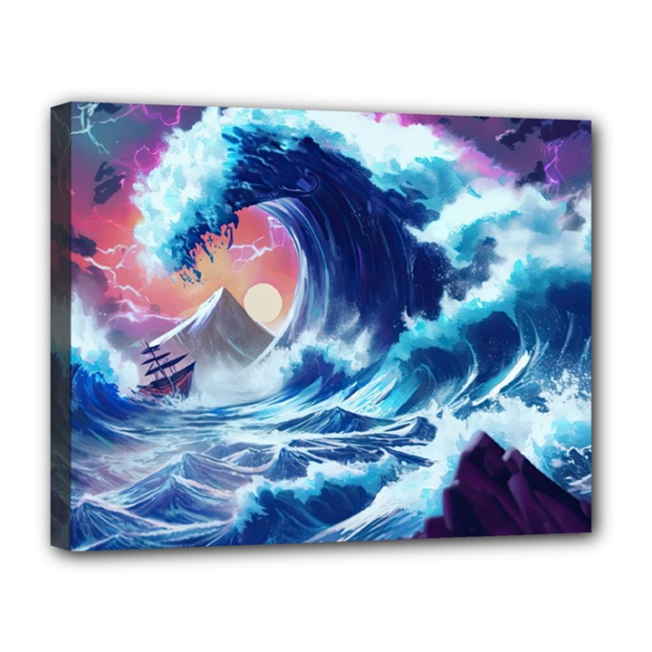 Storm Tsunami Waves Ocean Sea Nautical Nature Canvas 14  x 11  (Stretched)