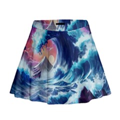 Storm Tsunami Waves Ocean Sea Nautical Nature Mini Flare Skirt by uniart180623