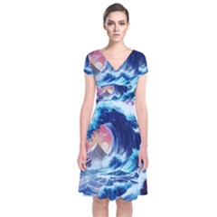 Storm Tsunami Waves Ocean Sea Nautical Nature Short Sleeve Front Wrap Dress by uniart180623