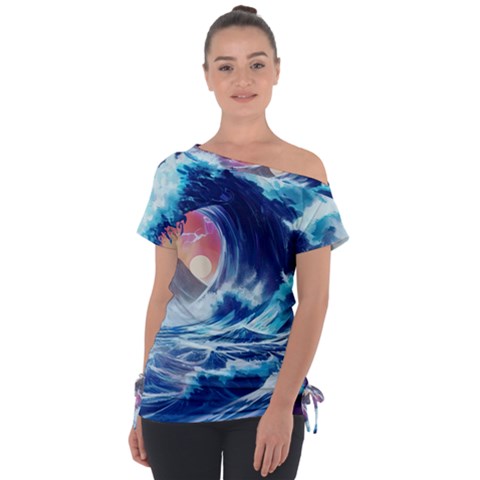 Storm Tsunami Waves Ocean Sea Nautical Nature Off Shoulder Tie-up Tee by uniart180623