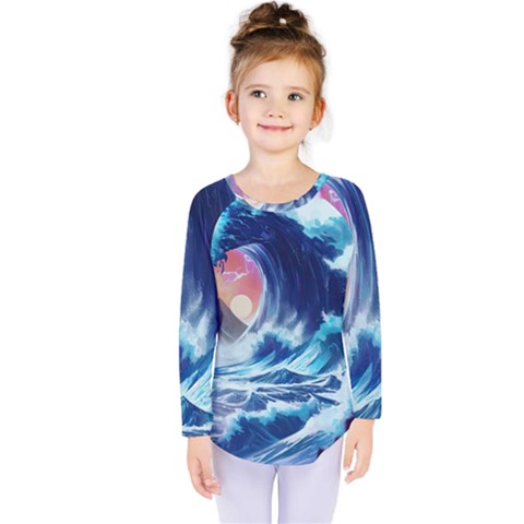 Storm Tsunami Waves Ocean Sea Nautical Nature Kids  Long Sleeve Tee by uniart180623